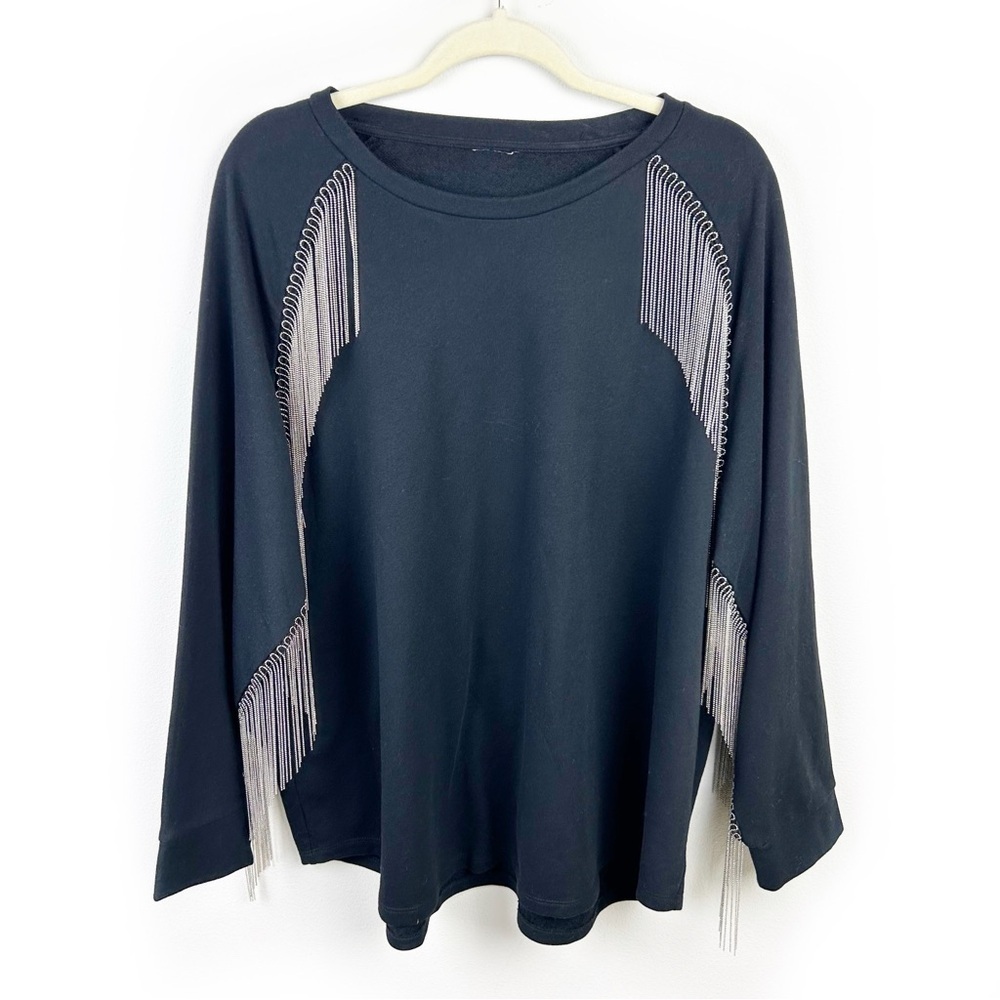 Metal Tassel Crewneck Sweater mini ball beaded tassels western look size: L